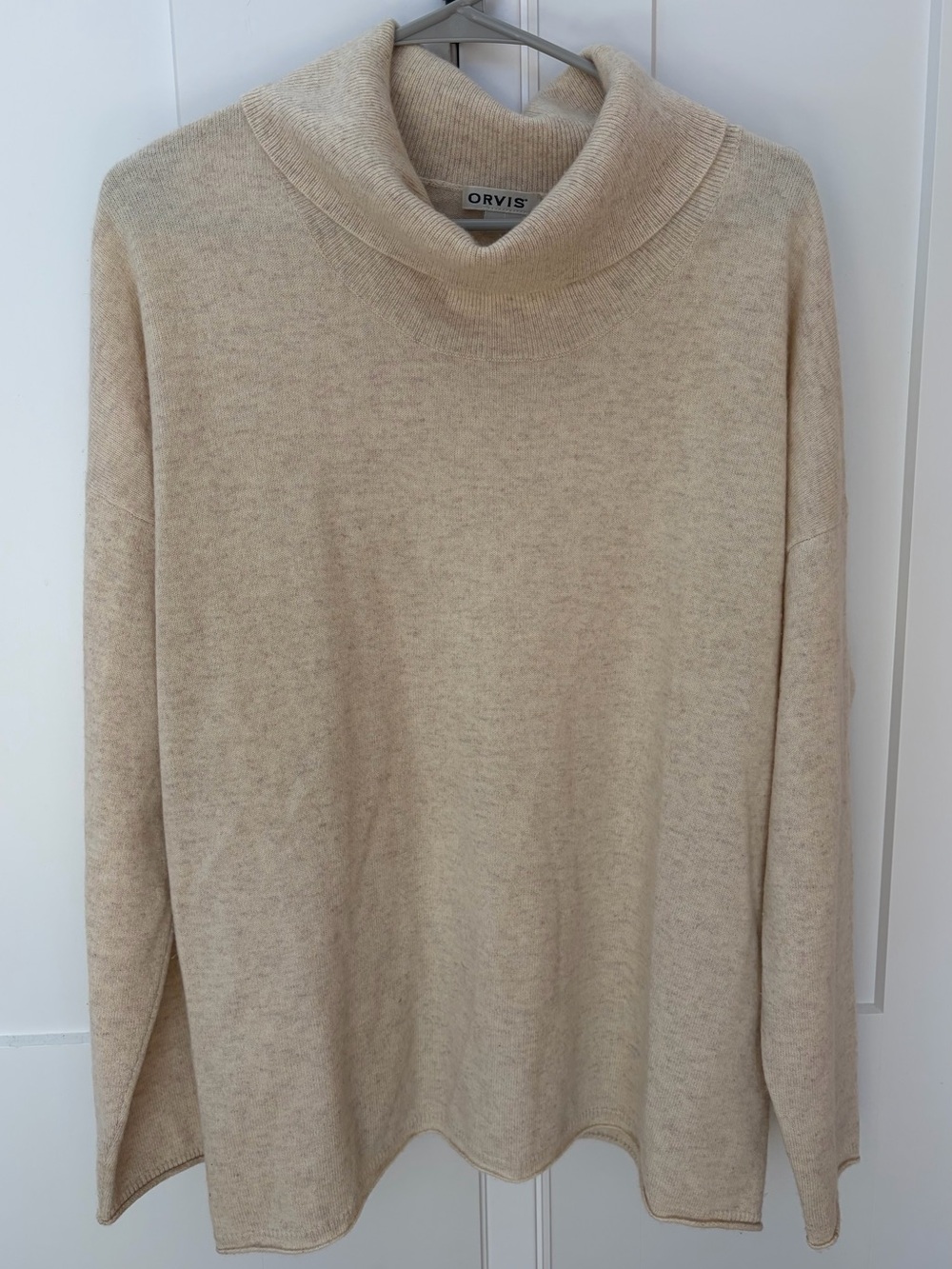 Orvis 100% Cashmere Sweater Cream Oatmeal Cowl Turtleneck Large